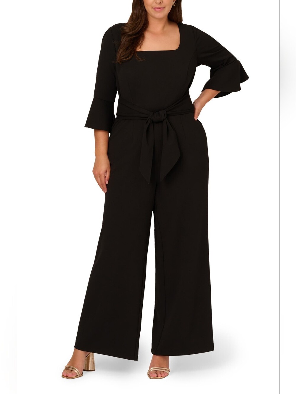 Adrianna Papell Tie Front Wide Leg Crepe Jumpsuit Sz 16 Black Formal Cocktail